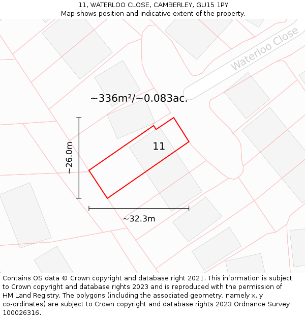 11, WATERLOO CLOSE, CAMBERLEY, GU15 1PY: Plot and title map