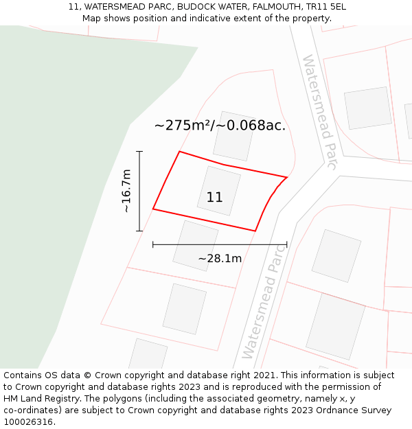 11, WATERSMEAD PARC, BUDOCK WATER, FALMOUTH, TR11 5EL: Plot and title map