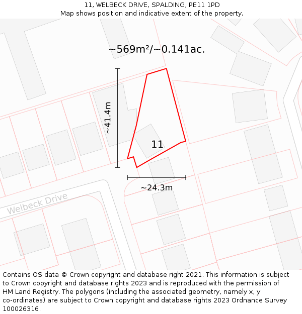 11, WELBECK DRIVE, SPALDING, PE11 1PD: Plot and title map