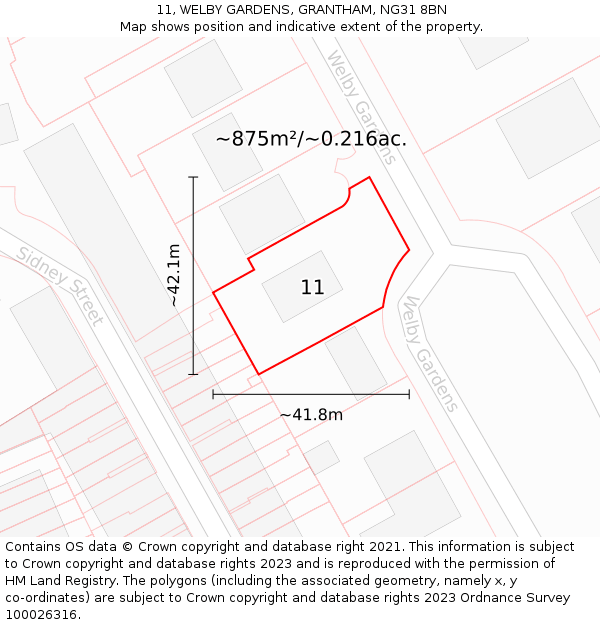 11, WELBY GARDENS, GRANTHAM, NG31 8BN: Plot and title map