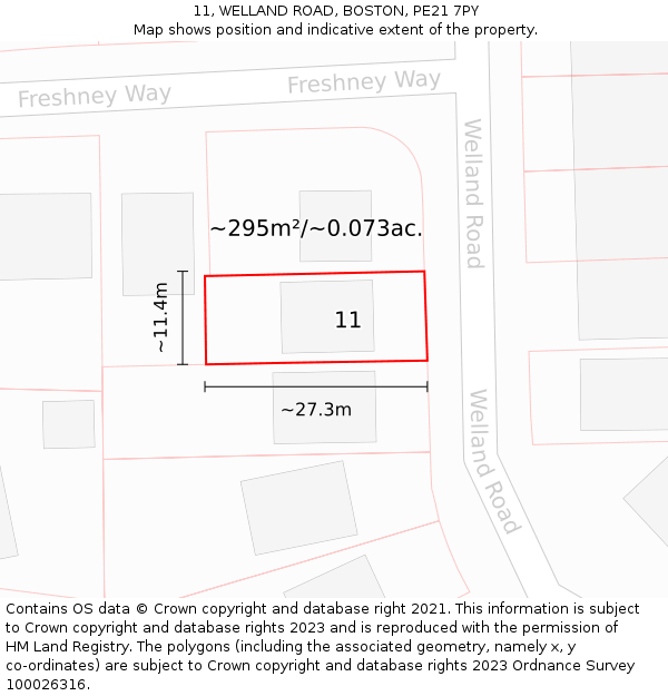 11, WELLAND ROAD, BOSTON, PE21 7PY: Plot and title map