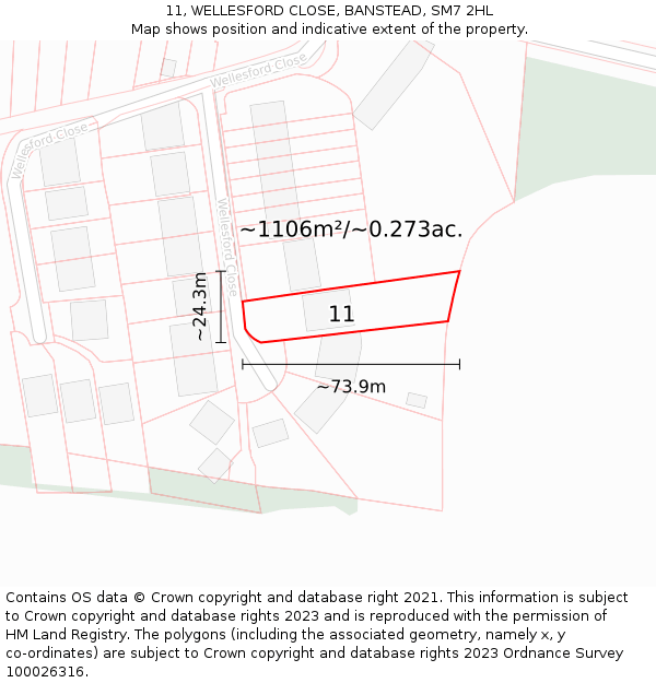 11, WELLESFORD CLOSE, BANSTEAD, SM7 2HL: Plot and title map