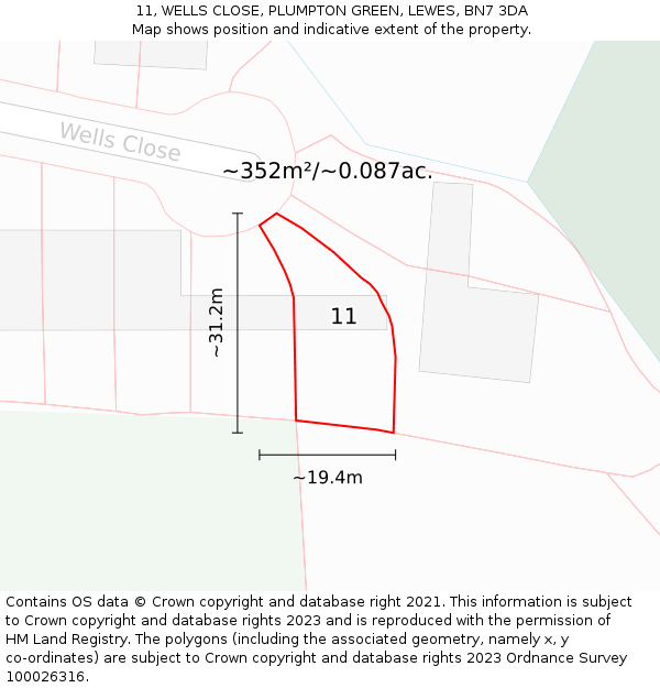 11, WELLS CLOSE, PLUMPTON GREEN, LEWES, BN7 3DA: Plot and title map