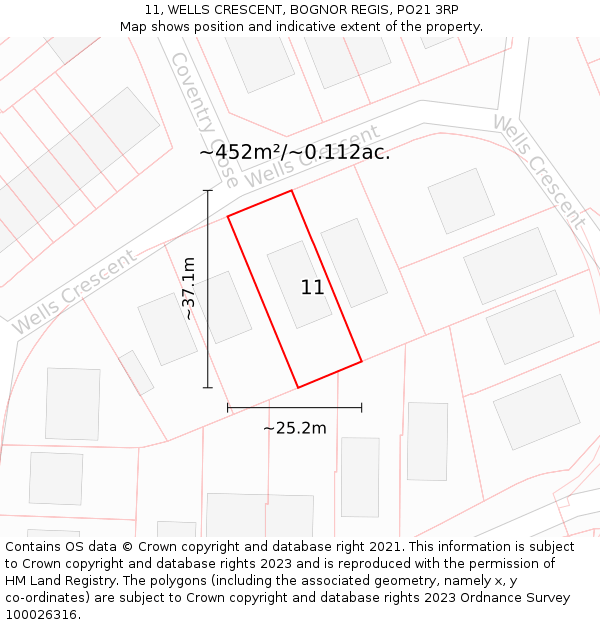 11, WELLS CRESCENT, BOGNOR REGIS, PO21 3RP: Plot and title map