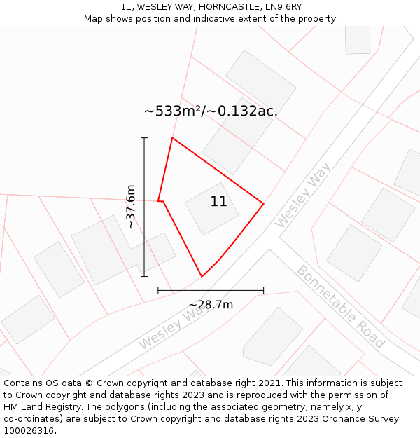 11, WESLEY WAY, HORNCASTLE, LN9 6RY: Plot and title map