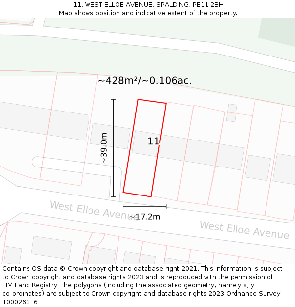 11, WEST ELLOE AVENUE, SPALDING, PE11 2BH: Plot and title map