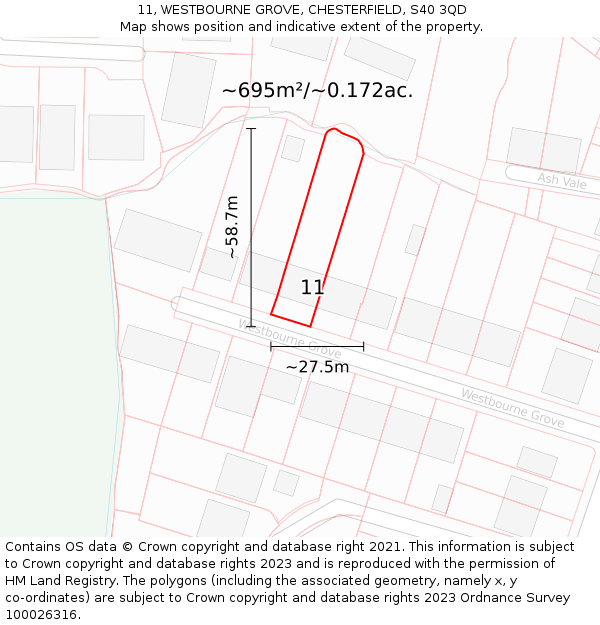 11, WESTBOURNE GROVE, CHESTERFIELD, S40 3QD: Plot and title map