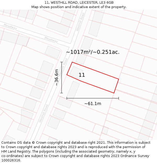 11, WESTHILL ROAD, LEICESTER, LE3 6GB: Plot and title map