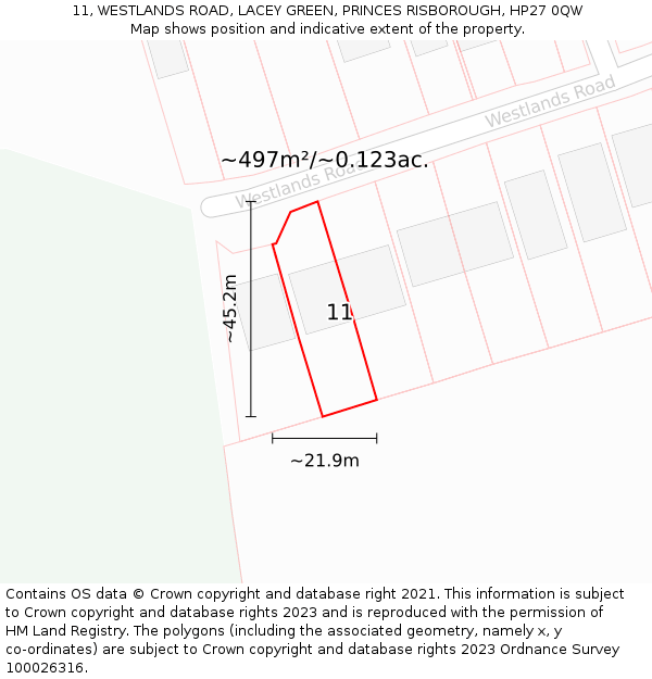 11, WESTLANDS ROAD, LACEY GREEN, PRINCES RISBOROUGH, HP27 0QW: Plot and title map