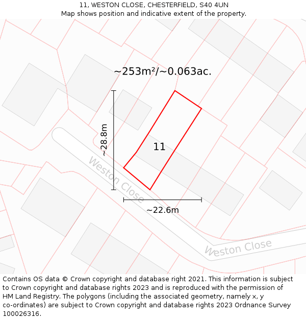 11, WESTON CLOSE, CHESTERFIELD, S40 4UN: Plot and title map