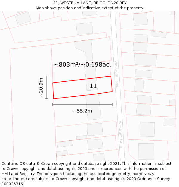 11, WESTRUM LANE, BRIGG, DN20 9EY: Plot and title map