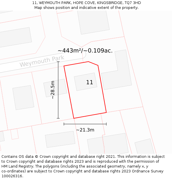 11, WEYMOUTH PARK, HOPE COVE, KINGSBRIDGE, TQ7 3HD: Plot and title map