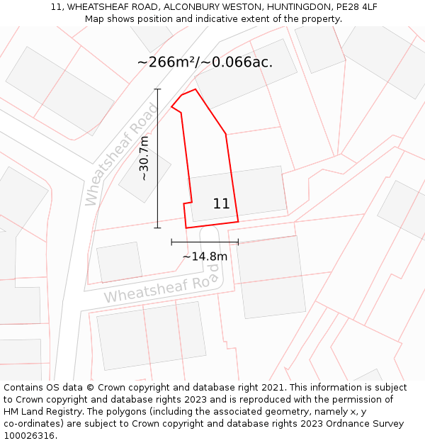 11, WHEATSHEAF ROAD, ALCONBURY WESTON, HUNTINGDON, PE28 4LF: Plot and title map