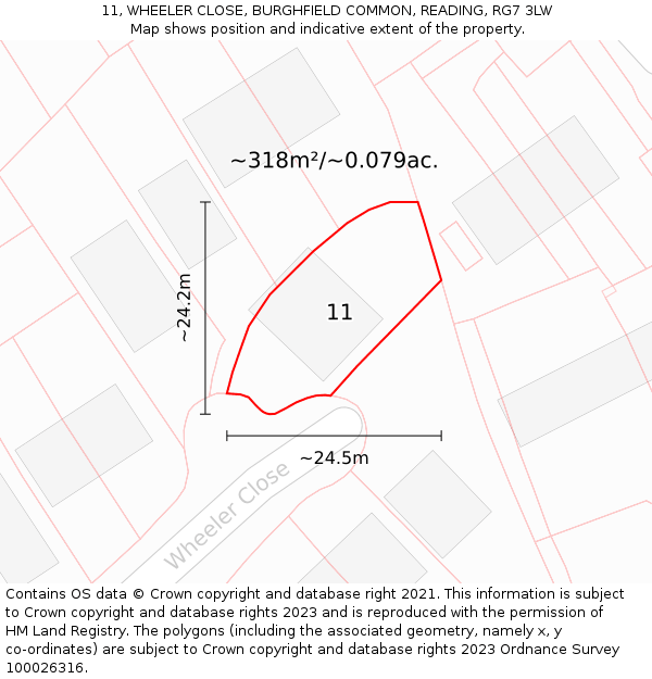 11, WHEELER CLOSE, BURGHFIELD COMMON, READING, RG7 3LW: Plot and title map
