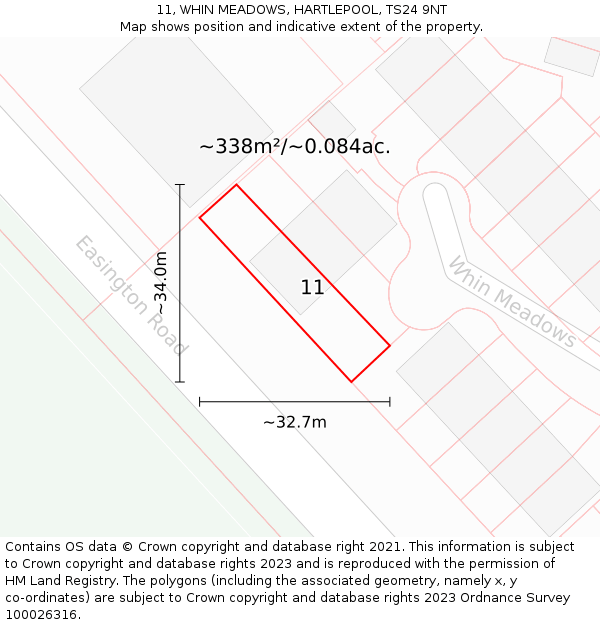 11, WHIN MEADOWS, HARTLEPOOL, TS24 9NT: Plot and title map