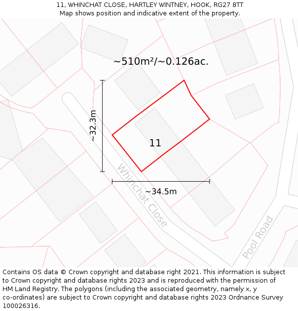 11, WHINCHAT CLOSE, HARTLEY WINTNEY, HOOK, RG27 8TT: Plot and title map