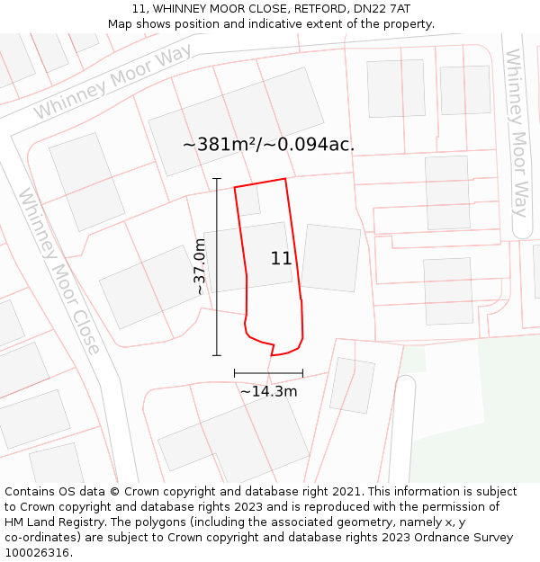 11, WHINNEY MOOR CLOSE, RETFORD, DN22 7AT: Plot and title map