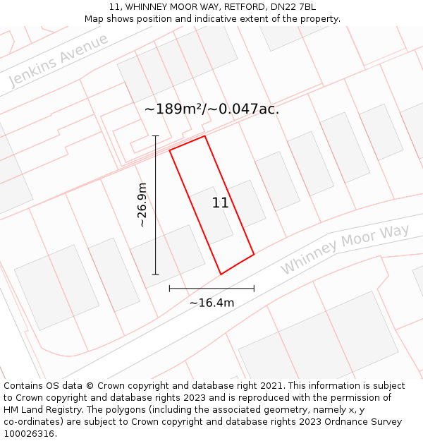 11, WHINNEY MOOR WAY, RETFORD, DN22 7BL: Plot and title map