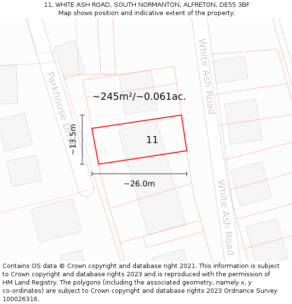 11, WHITE ASH ROAD, SOUTH NORMANTON, ALFRETON, DE55 3BF: Plot and title map