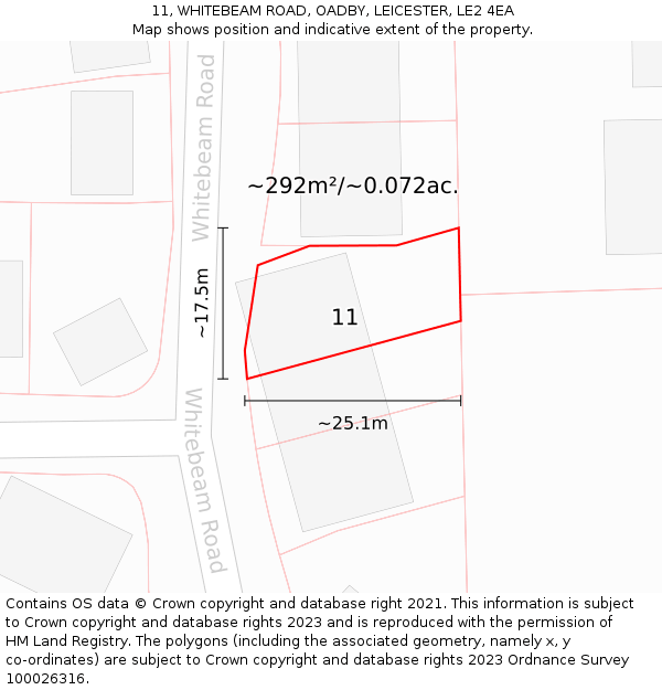 11, WHITEBEAM ROAD, OADBY, LEICESTER, LE2 4EA: Plot and title map