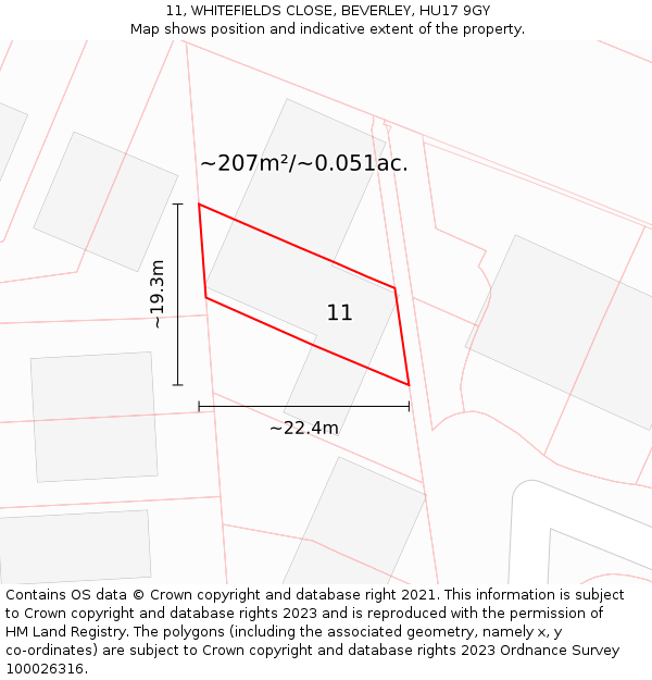 11, WHITEFIELDS CLOSE, BEVERLEY, HU17 9GY: Plot and title map