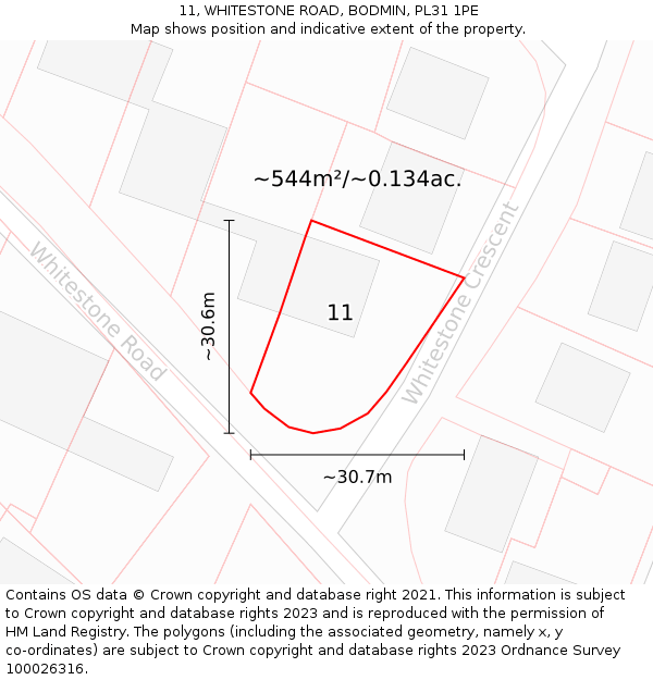 11, WHITESTONE ROAD, BODMIN, PL31 1PE: Plot and title map