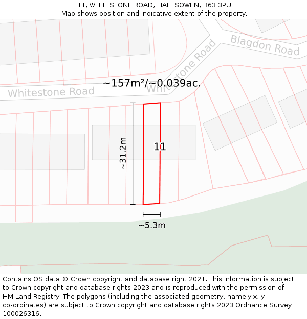 11, WHITESTONE ROAD, HALESOWEN, B63 3PU: Plot and title map