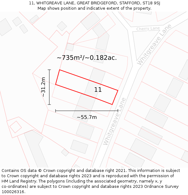 11, WHITGREAVE LANE, GREAT BRIDGEFORD, STAFFORD, ST18 9SJ: Plot and title map