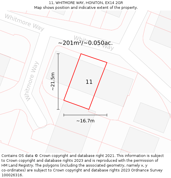 11, WHITMORE WAY, HONITON, EX14 2GR: Plot and title map