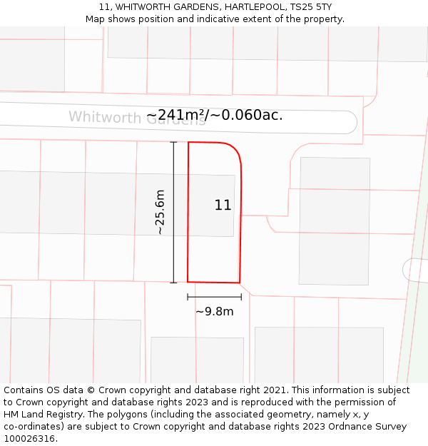 11, WHITWORTH GARDENS, HARTLEPOOL, TS25 5TY: Plot and title map