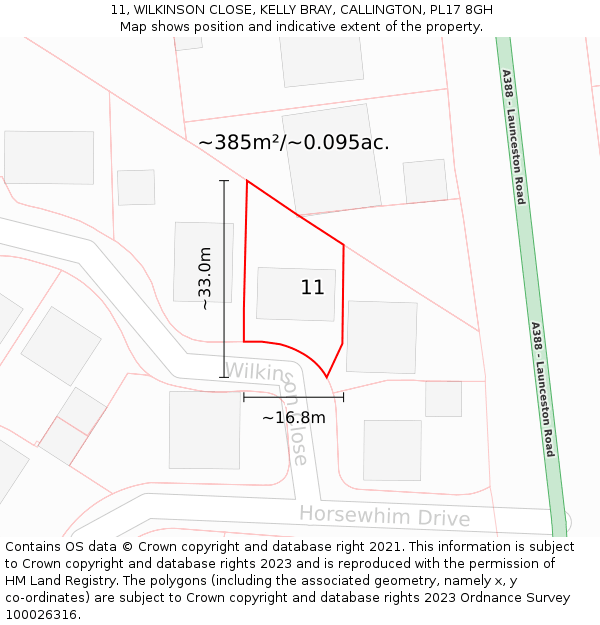 11, WILKINSON CLOSE, KELLY BRAY, CALLINGTON, PL17 8GH: Plot and title map