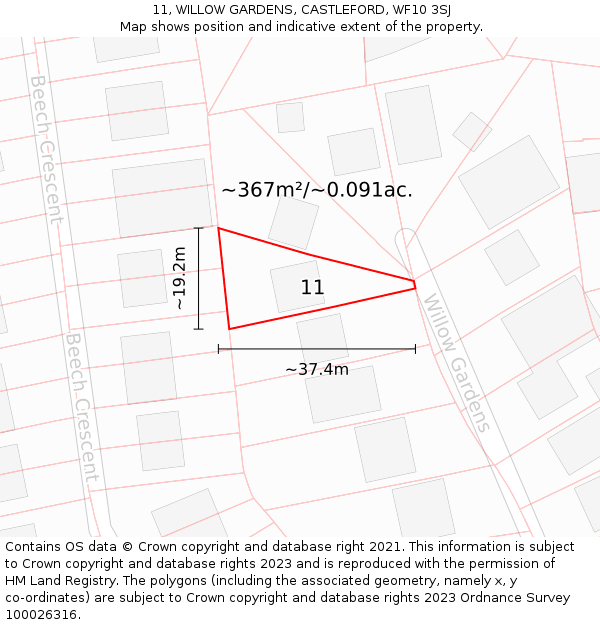 11, WILLOW GARDENS, CASTLEFORD, WF10 3SJ: Plot and title map