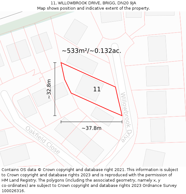 11, WILLOWBROOK DRIVE, BRIGG, DN20 9JA: Plot and title map