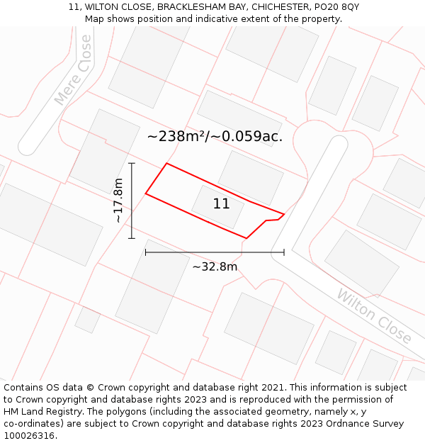 11, WILTON CLOSE, BRACKLESHAM BAY, CHICHESTER, PO20 8QY: Plot and title map