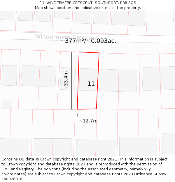 11, WINDERMERE CRESCENT, SOUTHPORT, PR8 3QS: Plot and title map
