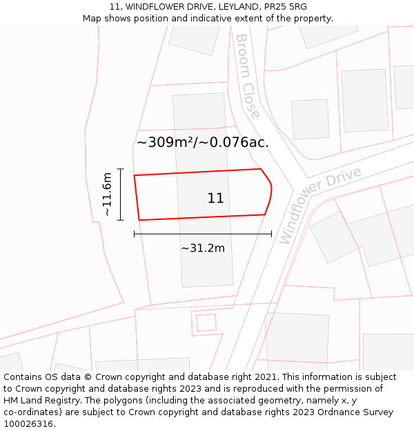 11, WINDFLOWER DRIVE, LEYLAND, PR25 5RG: Plot and title map