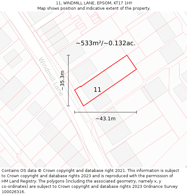11, WINDMILL LANE, EPSOM, KT17 1HY: Plot and title map