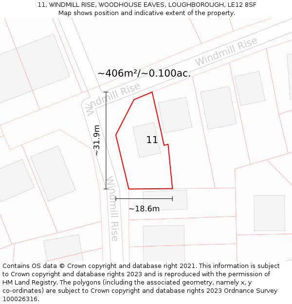 11, WINDMILL RISE, WOODHOUSE EAVES, LOUGHBOROUGH, LE12 8SF: Plot and title map