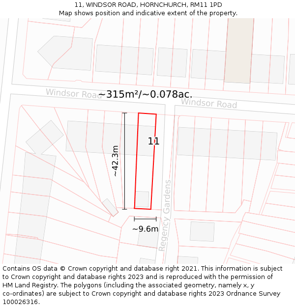 11, WINDSOR ROAD, HORNCHURCH, RM11 1PD: Plot and title map