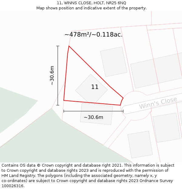 11, WINNS CLOSE, HOLT, NR25 6NQ: Plot and title map