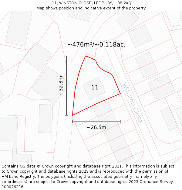 11, WINSTON CLOSE, LEDBURY, HR8 2XQ: Plot and title map