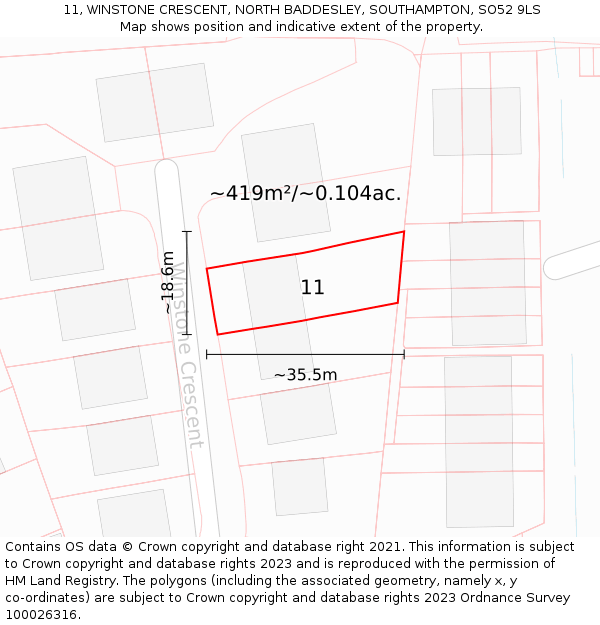 11, WINSTONE CRESCENT, NORTH BADDESLEY, SOUTHAMPTON, SO52 9LS: Plot and title map