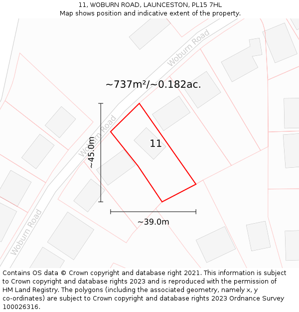 11, WOBURN ROAD, LAUNCESTON, PL15 7HL: Plot and title map