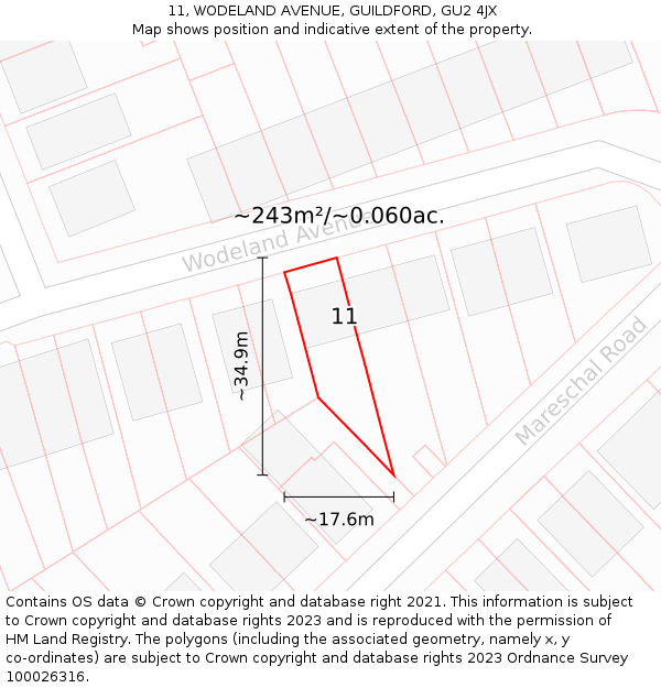 11, WODELAND AVENUE, GUILDFORD, GU2 4JX: Plot and title map