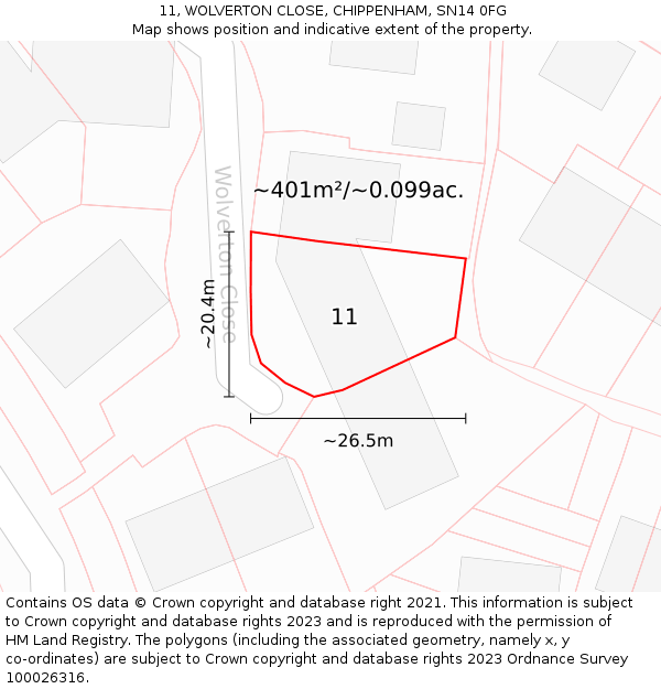 11, WOLVERTON CLOSE, CHIPPENHAM, SN14 0FG: Plot and title map