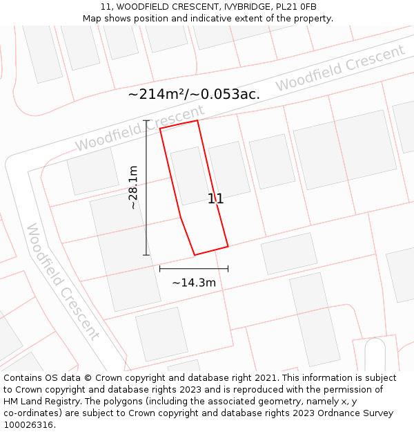 11, WOODFIELD CRESCENT, IVYBRIDGE, PL21 0FB: Plot and title map