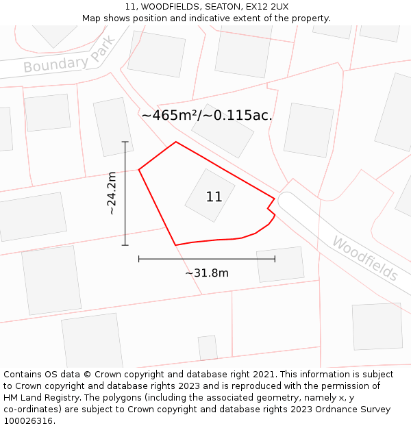11, WOODFIELDS, SEATON, EX12 2UX: Plot and title map