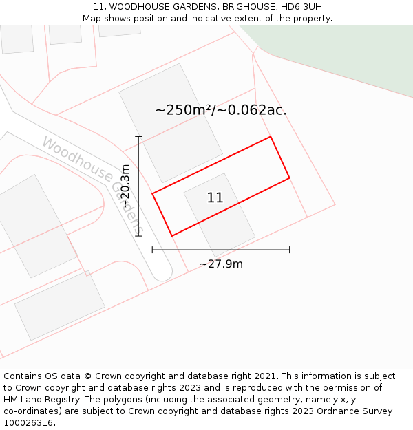 11, WOODHOUSE GARDENS, BRIGHOUSE, HD6 3UH: Plot and title map