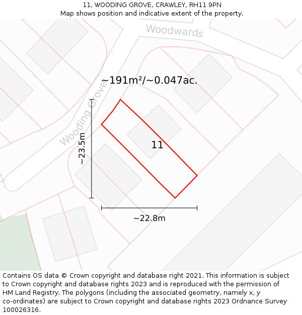 11, WOODING GROVE, CRAWLEY, RH11 9PN: Plot and title map