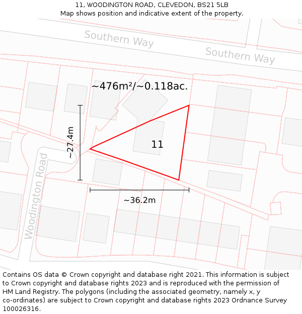 11, WOODINGTON ROAD, CLEVEDON, BS21 5LB: Plot and title map